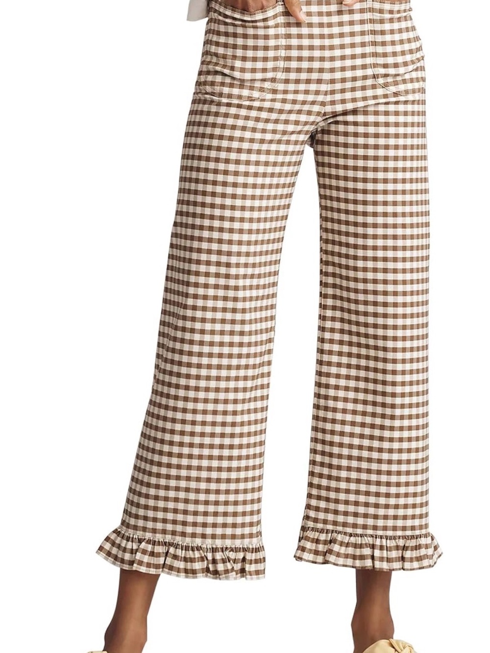 Brown & White Gingham Ruffle Hem Wide Leg Pants